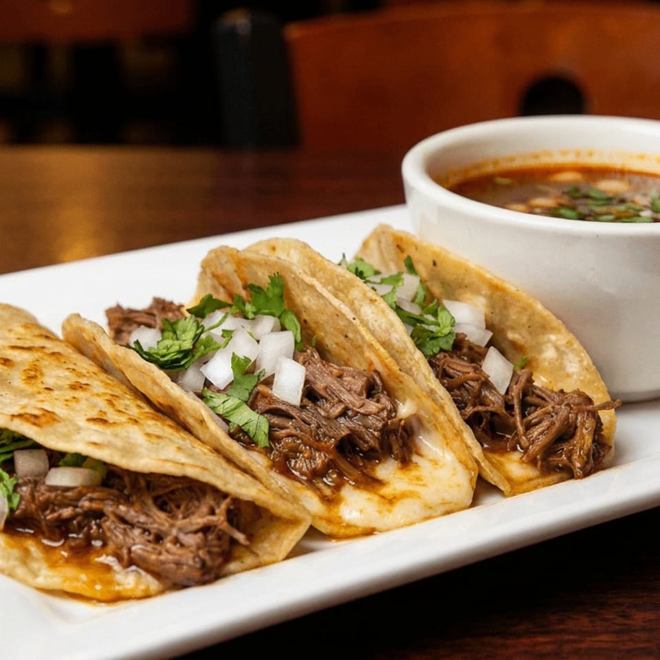 Three birria tacos with cilantro and onions, served with a side of consommé.