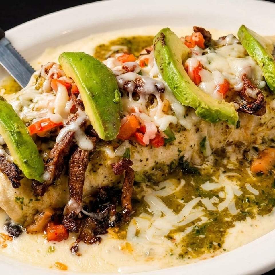 A large burrito covered in melted cheese, green sauce, pico de gallo, steak, and avocado slices.