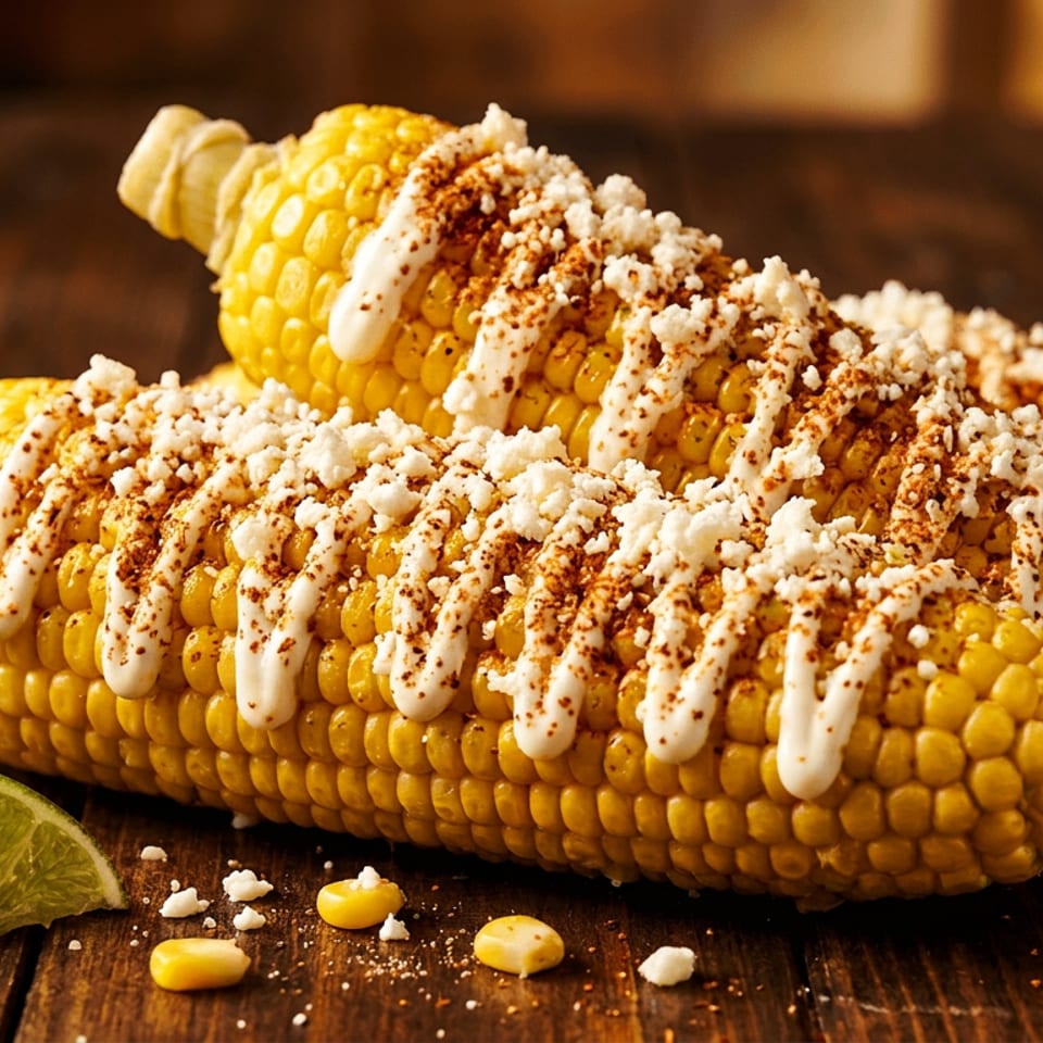 Two elotes, Mexican street corn, topped with crema, cotija cheese, and chili powder, with a lime wedge.